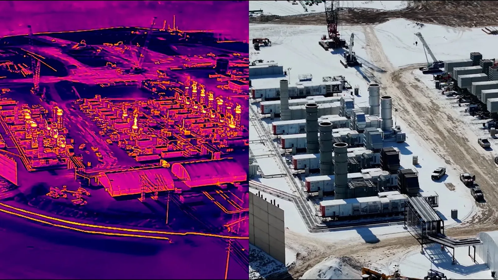 A side-by-side aerial of xAI's gas turbines beside a Mississippi neighborhood: on the left, a thermal image where many turbines glow bright, showing they are actively running; on the right, the same rows of turbines in a normal daytime photo.