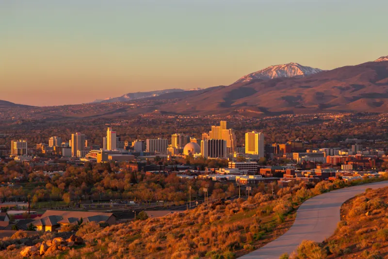 Downtown Reno skyline at sunset
