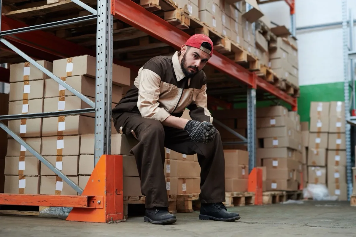 A warehouse worker in coveralls and a red cap sits on a stack of shipping boxes between tall storage racks, work gloves in hand, looking toward the camera.
